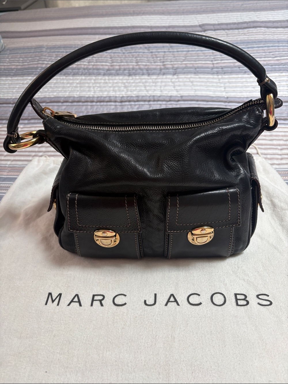 Marc Jacobs Black Leather Hobo with Gold Hardware and Front & Side Pockets